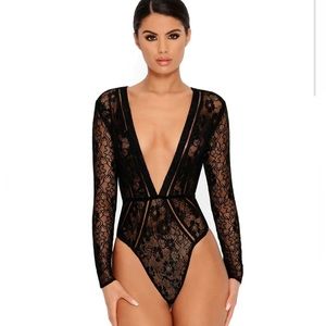 Oh Polly lace be honest long sleeve plunge bodysuit - size 4 (never worn)
